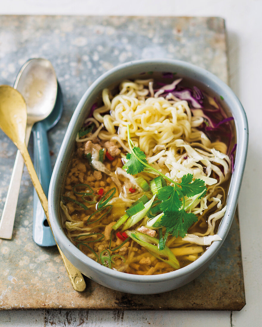 Ramen bowl with pork mince and cabbage
