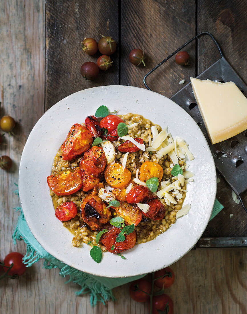 Italian barley risotto and slow-roasted tomatoes