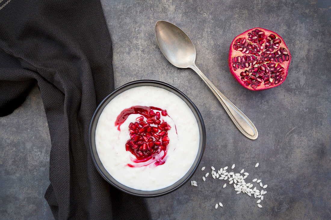 Rice pudding with pomegranate seeds