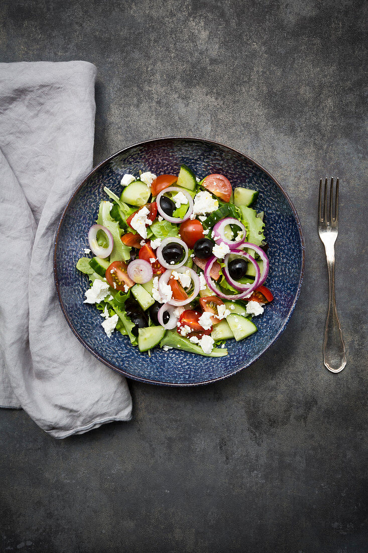 Griechischer Salat (grüner Salat, Feta, schwarze Oliven, Gurke, Tomaten, rote Zwiebel)