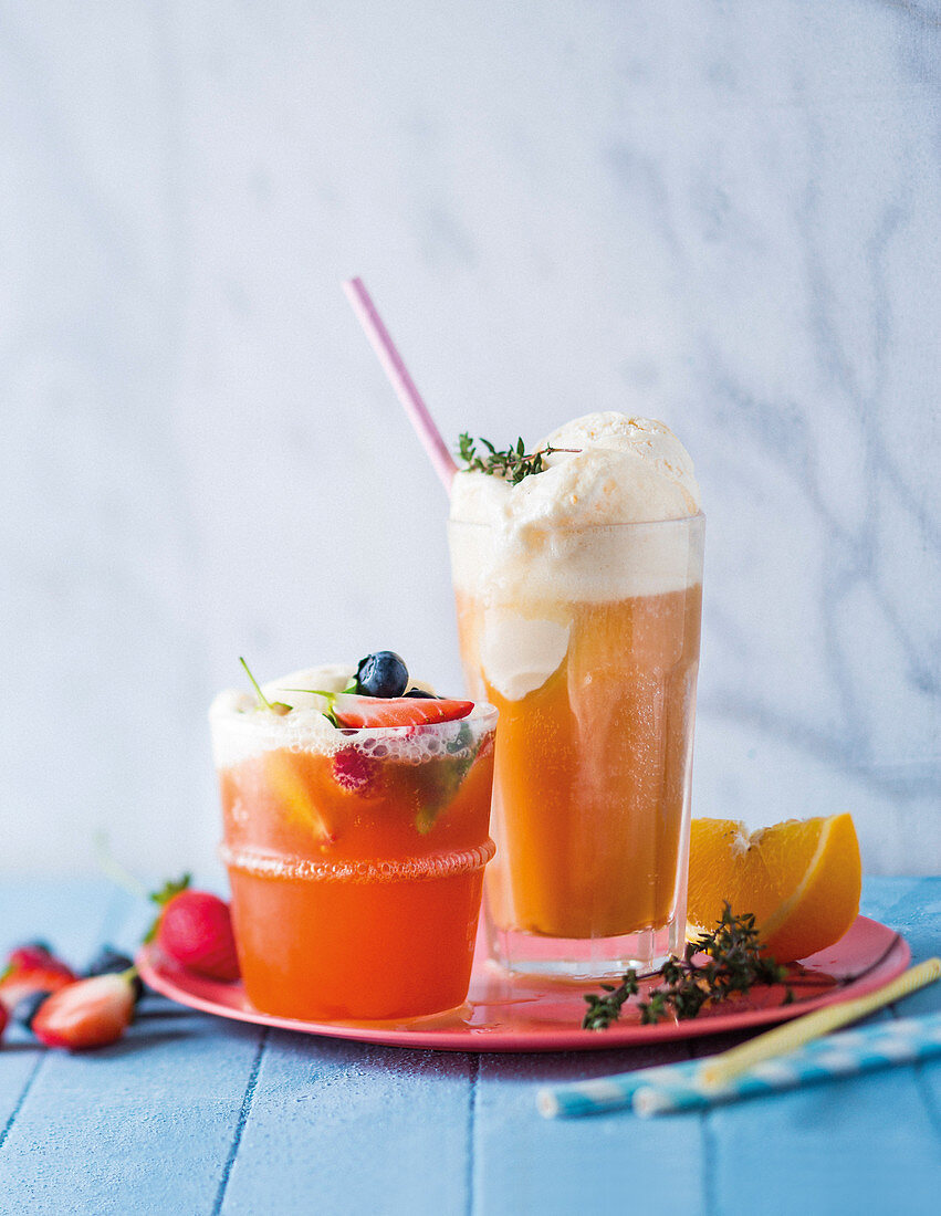 Honey rooibos and thyme float, berry tea float