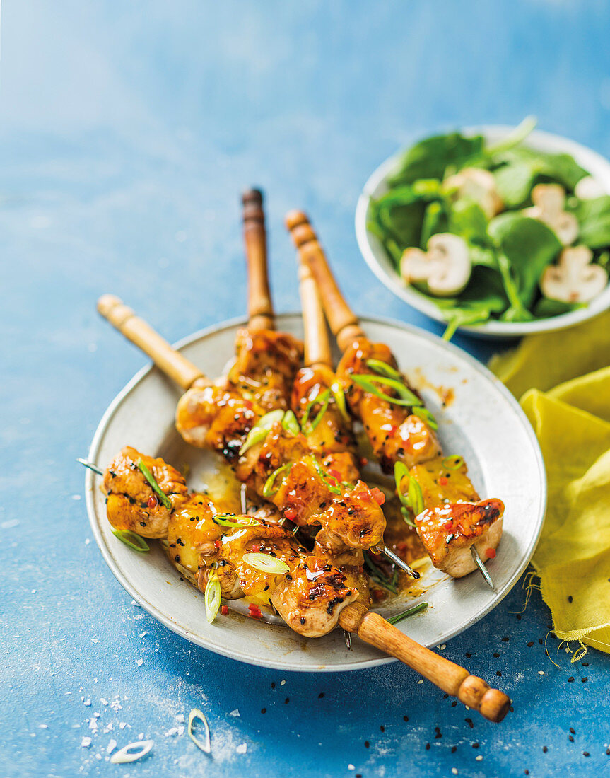 Sticky chicken and pineapple skewers