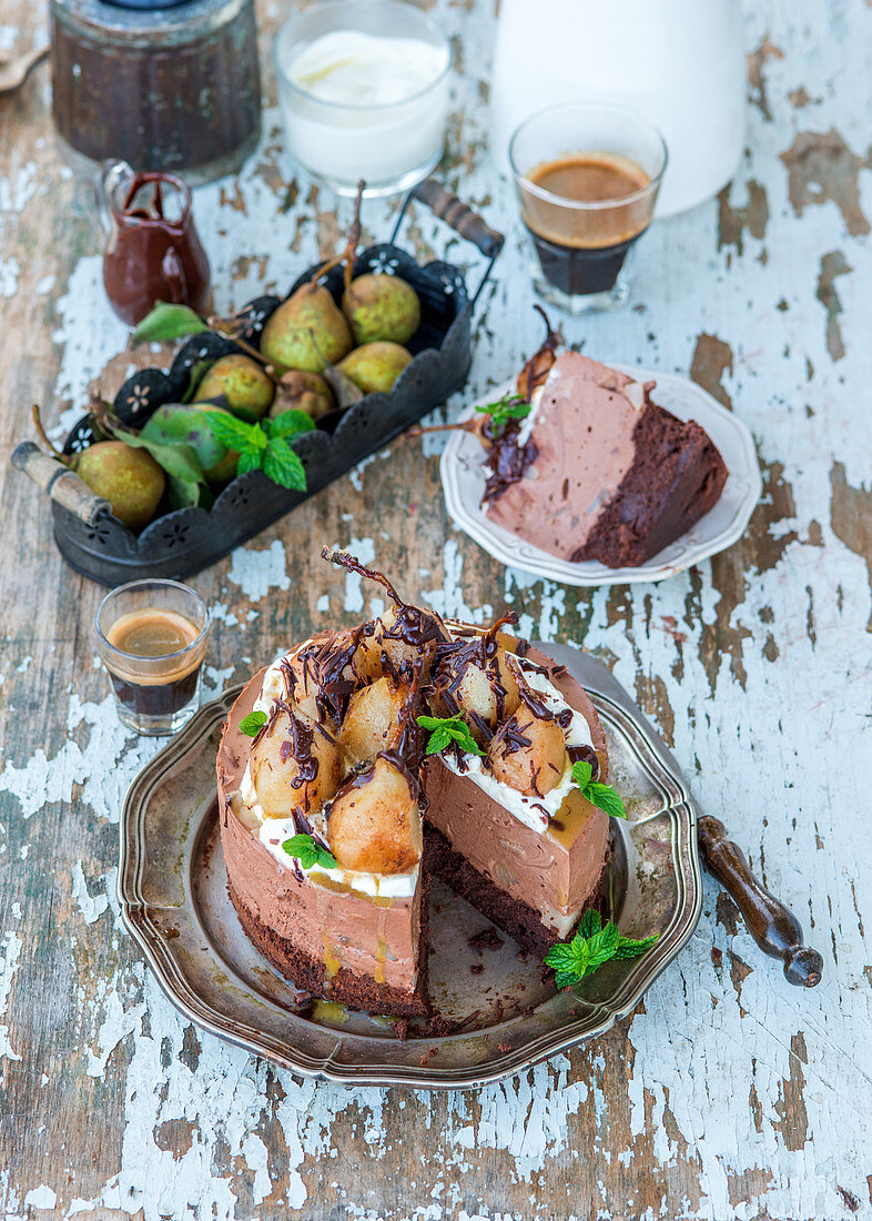 Chocolate mousse cake with poached pears