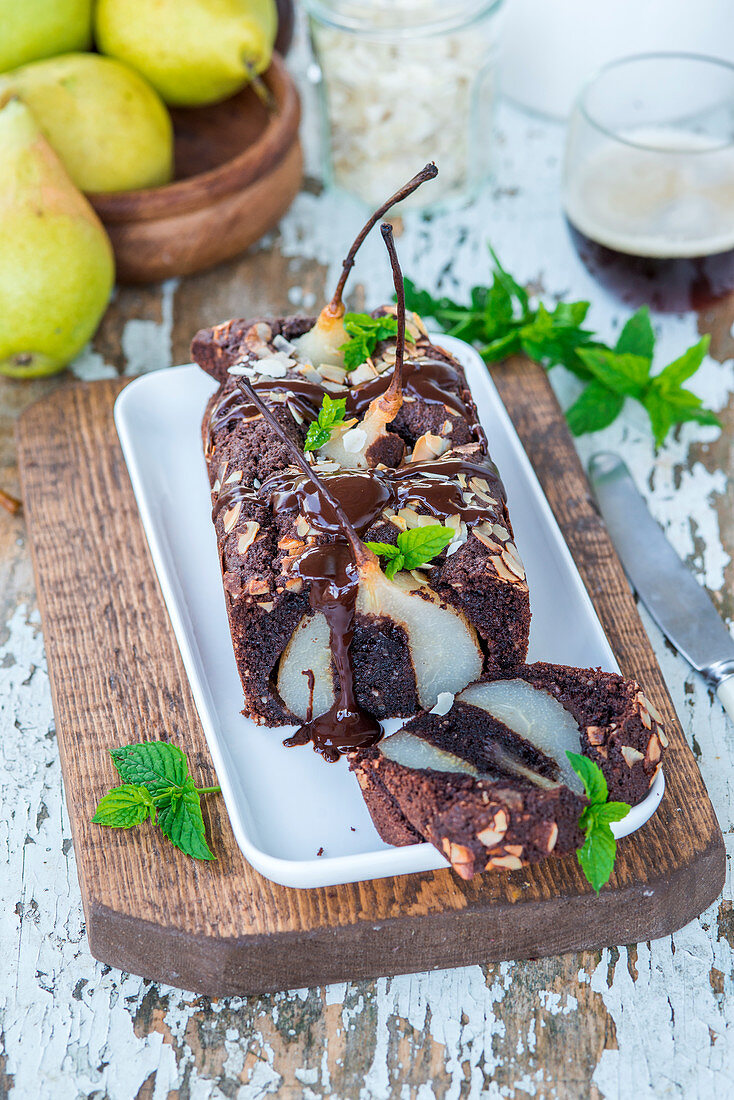 Chocolate and almond cake with poached pears