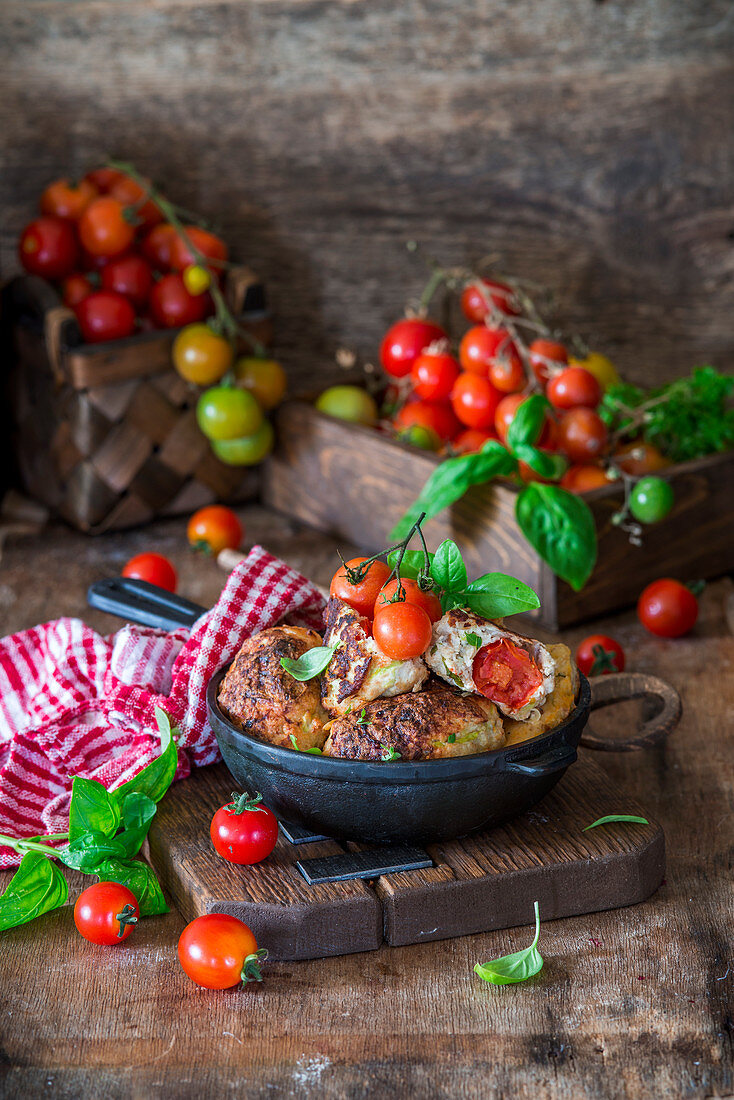 Chicken meatballs stuffed with cherry tomatoes