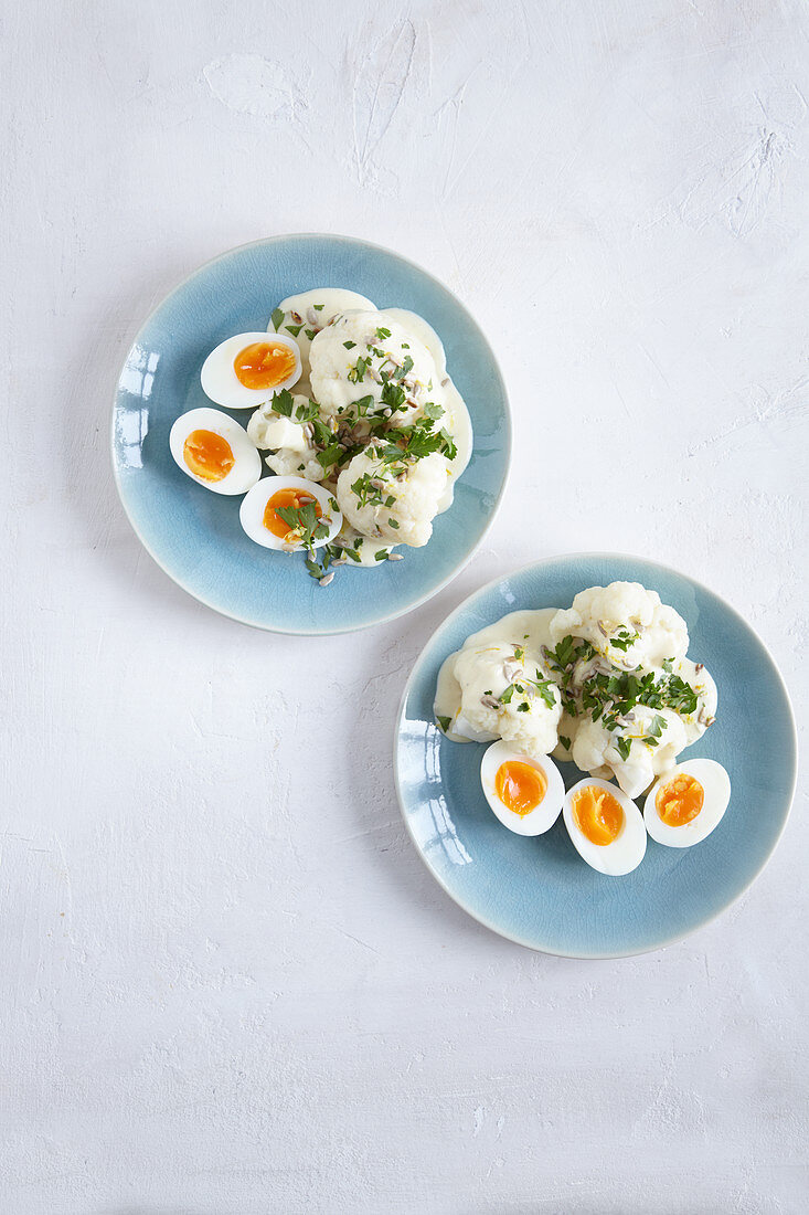 Low carb cauliflower with boiled eggs and mustard sauce