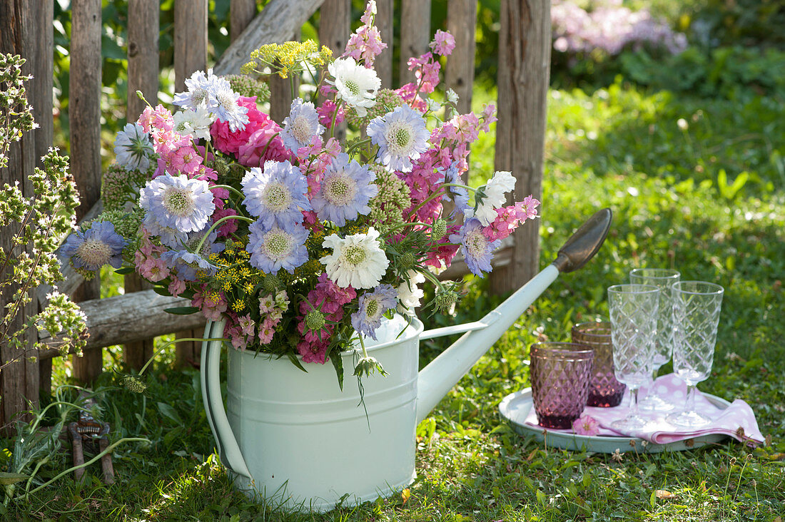 Bouquet Of Scabious, Larkspur, Fennel And Stonecrop In Watering Can