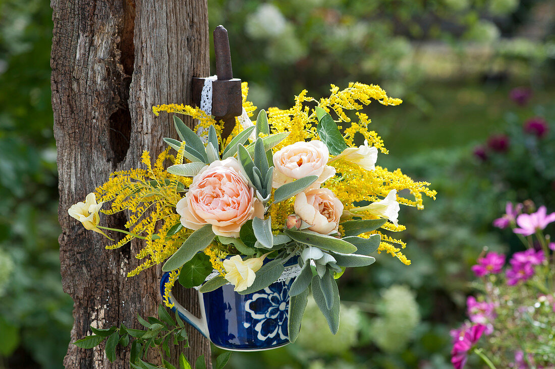 Small Bouquet Of Roses, Goldenrod, Nasturtium And Sage In Cup