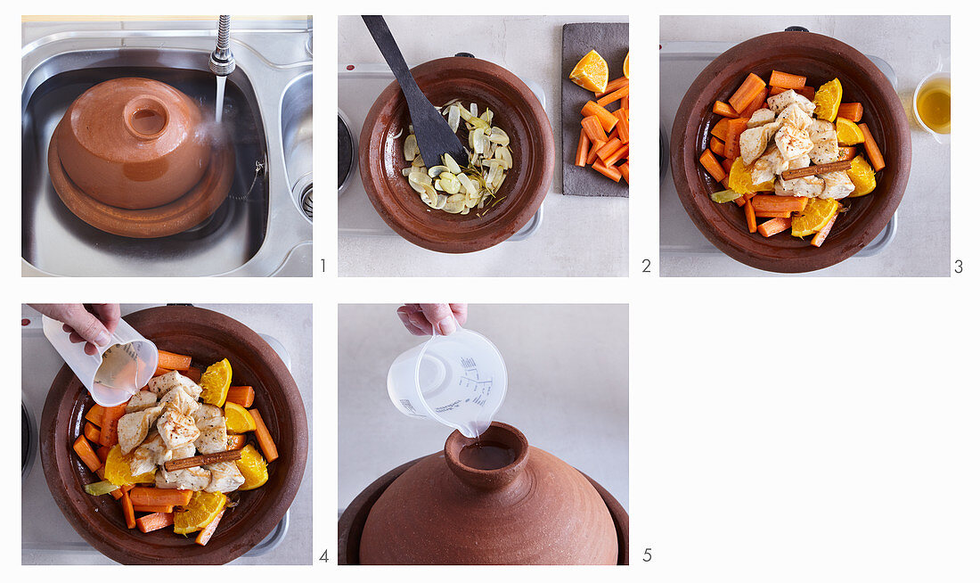 Aromatic chicken with carrots being made in a tagine