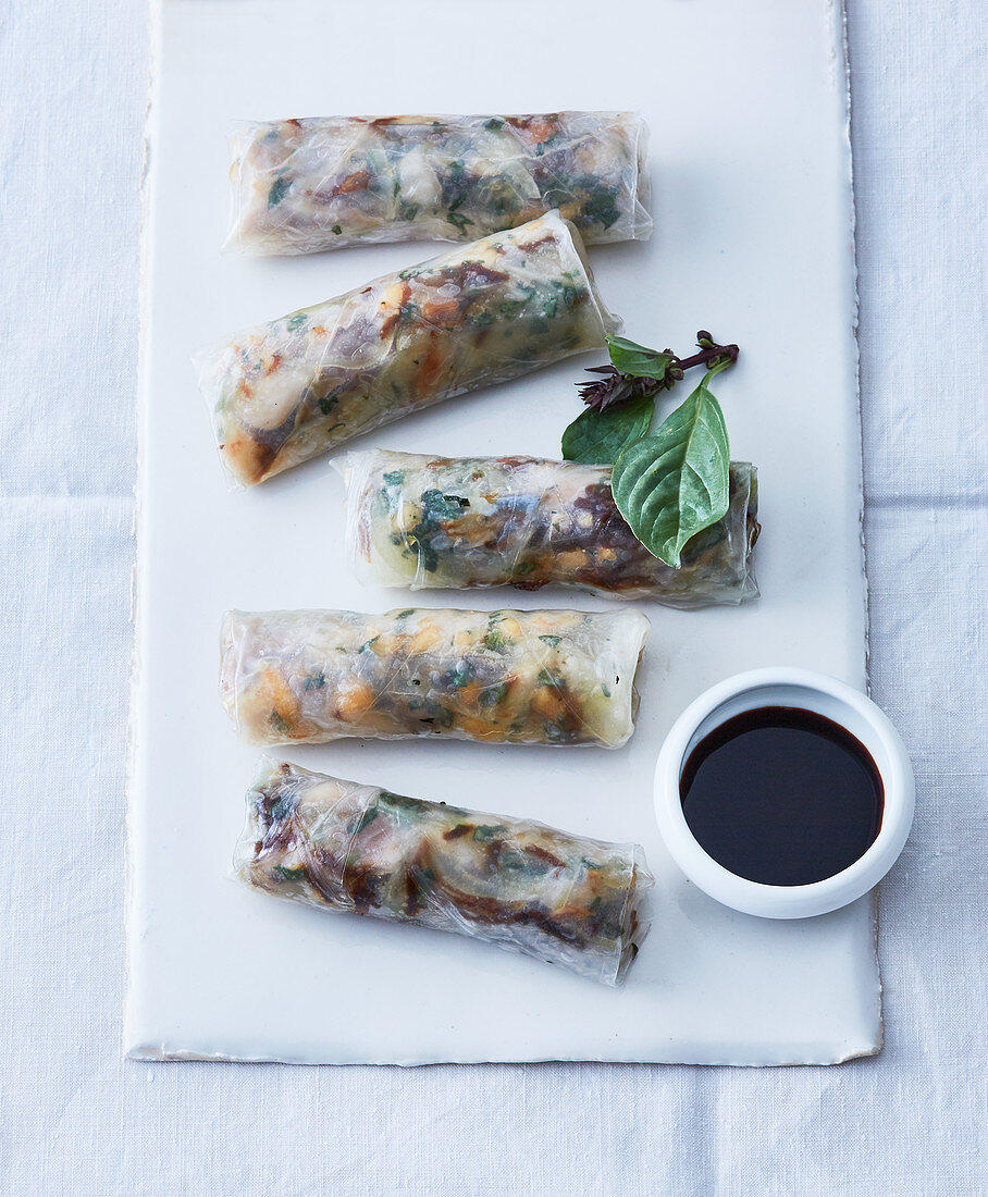 Vietnamese rice leaf rolls with mackerel