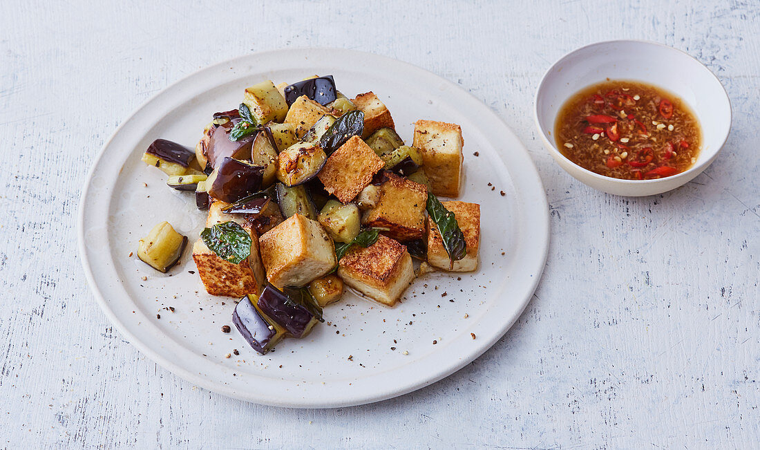 Flash-fried tofu with aubergines and mint
