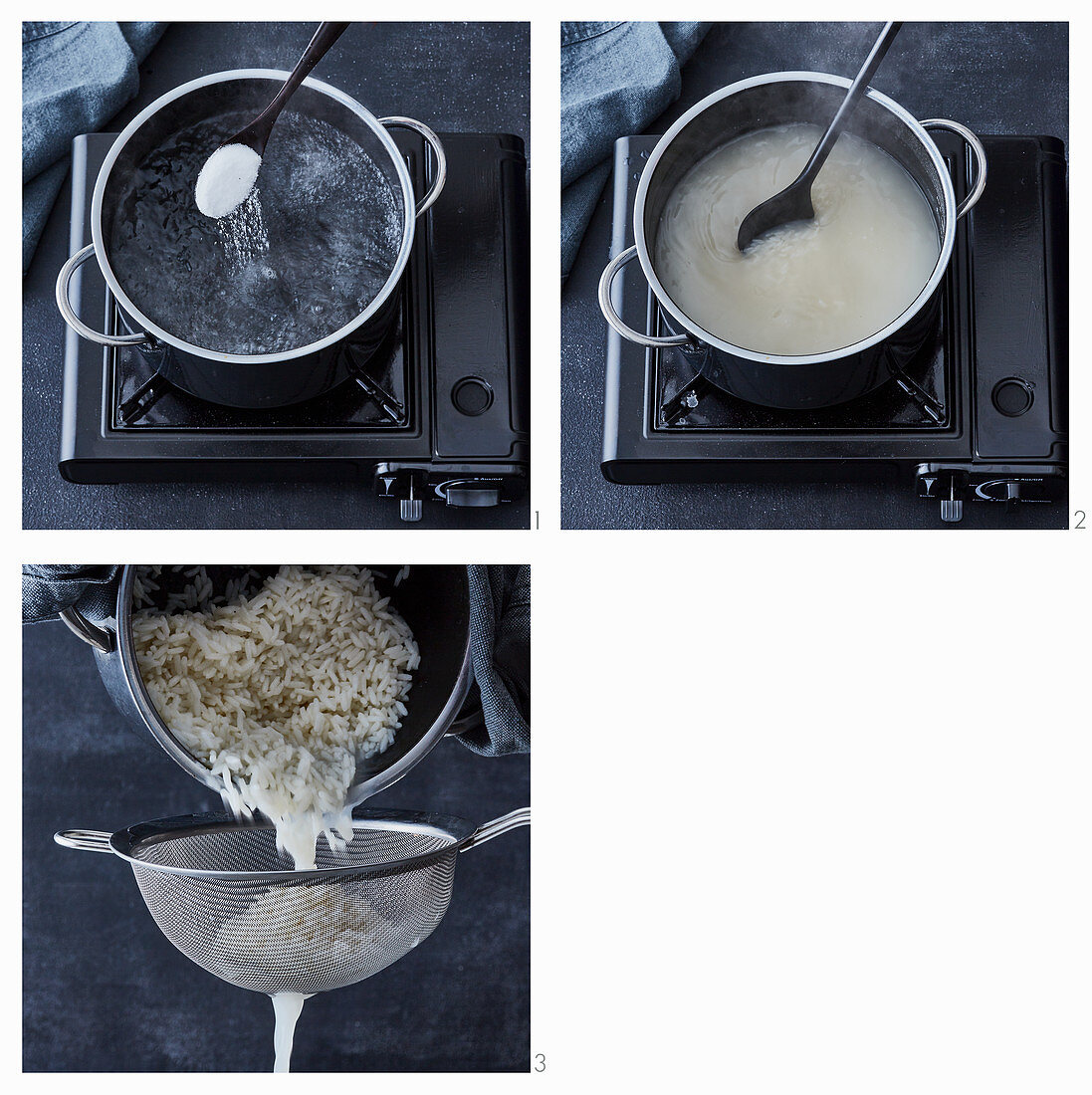 Reis mit Salz im Wasser garen, köcheln lassen und abgießen