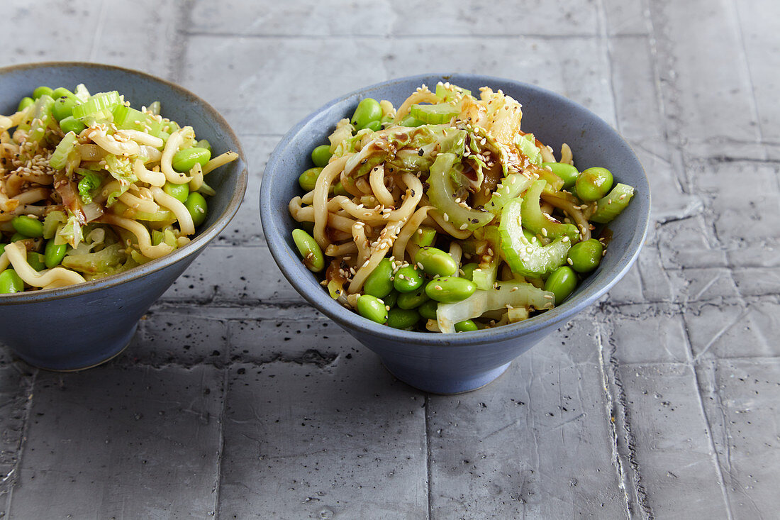 Grünes Gemüse mit Udon-Nudeln aus dem Wok (Japan)