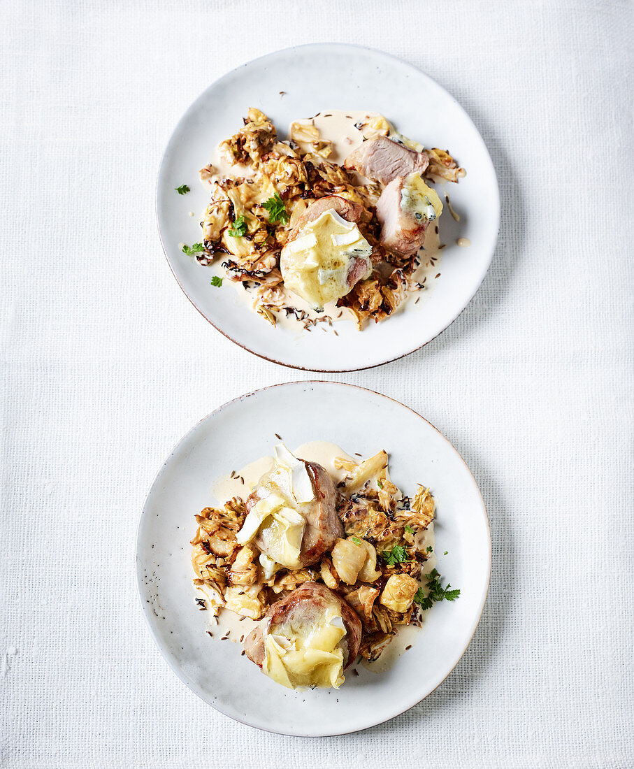 Sauerkraut pasta with pork medallions made in a hot-air fryer