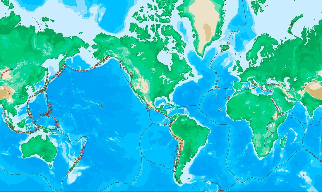 Earth's volcanoes and tectonic boundaries, illustration