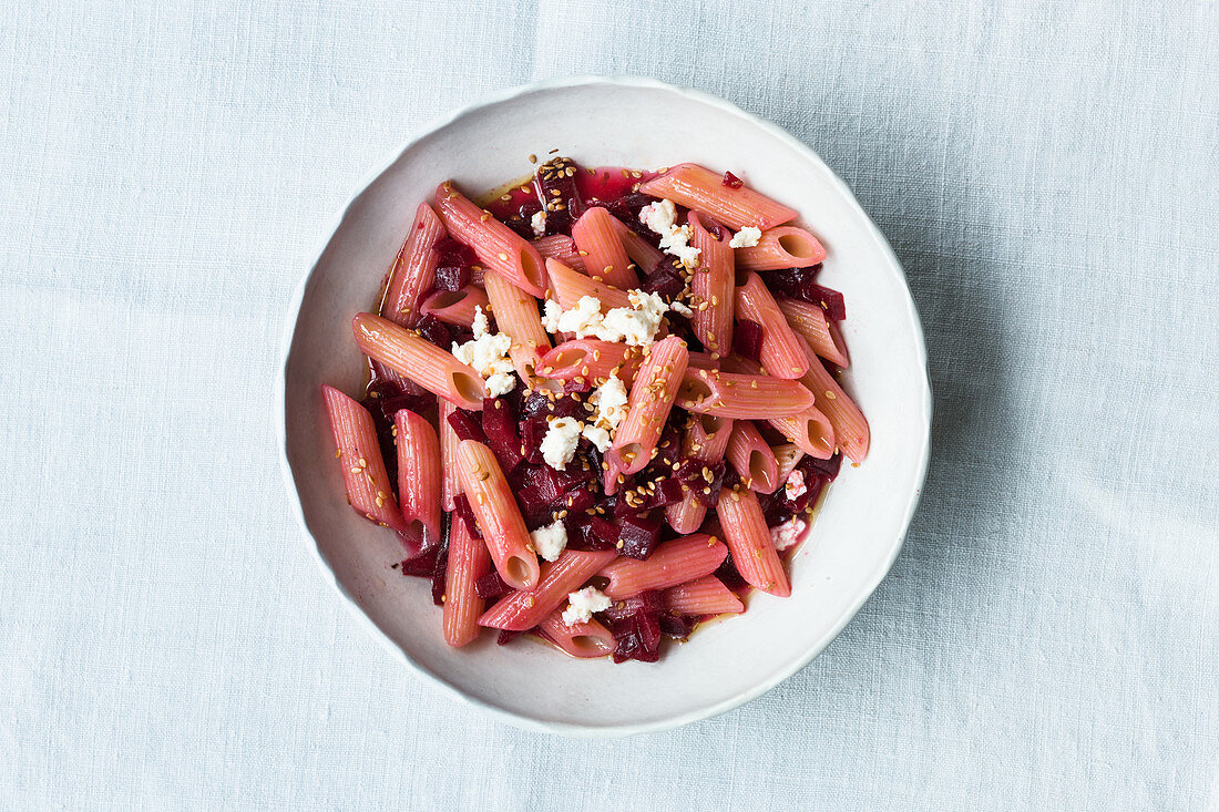 Penne with a beetroot salsa and feta cheese