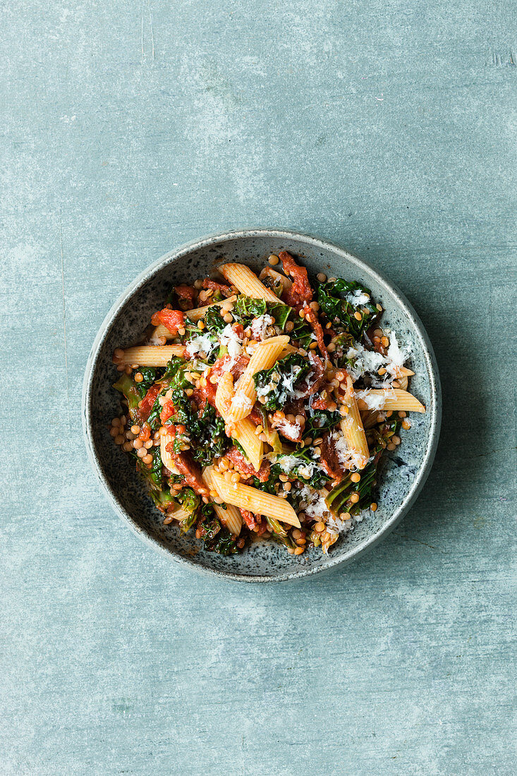 Penne with chorizo, black cabbage and lentil ragout