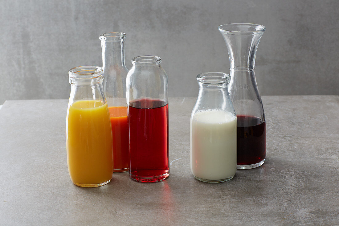 Juices, cold coffee, milk and wine for baking