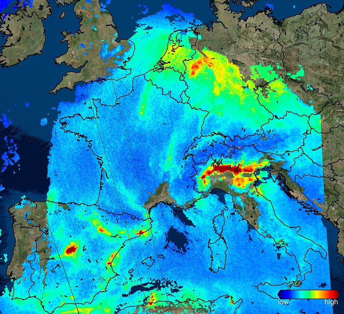 Nitrogen dioxide over Europe, Sentinel-5P satellite image