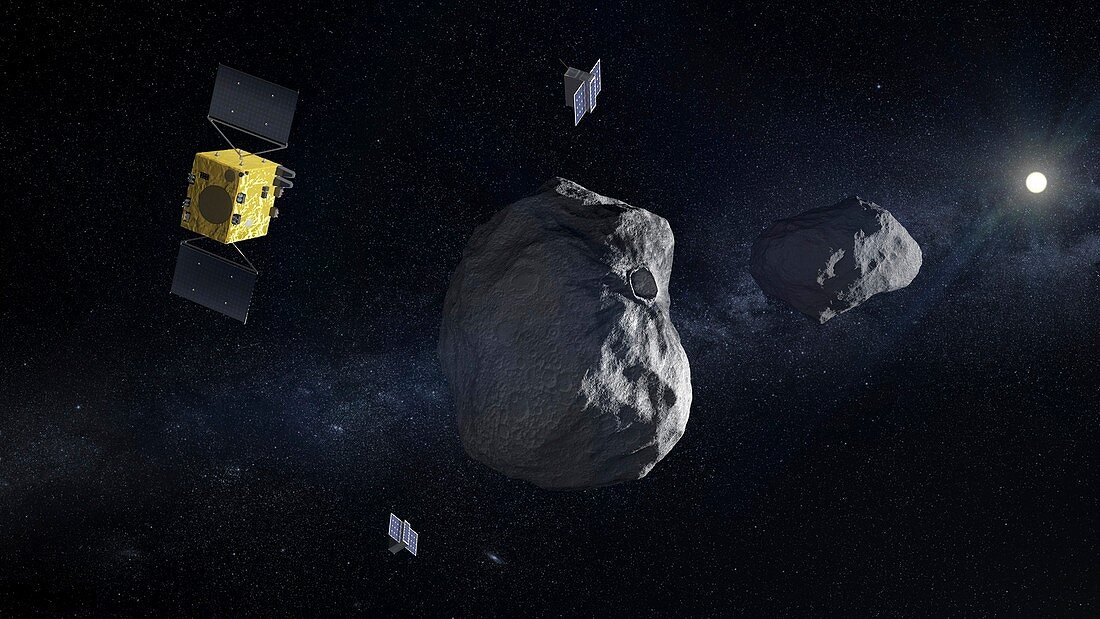 Hera spacecraft at Didymos binary asteroid, illustration