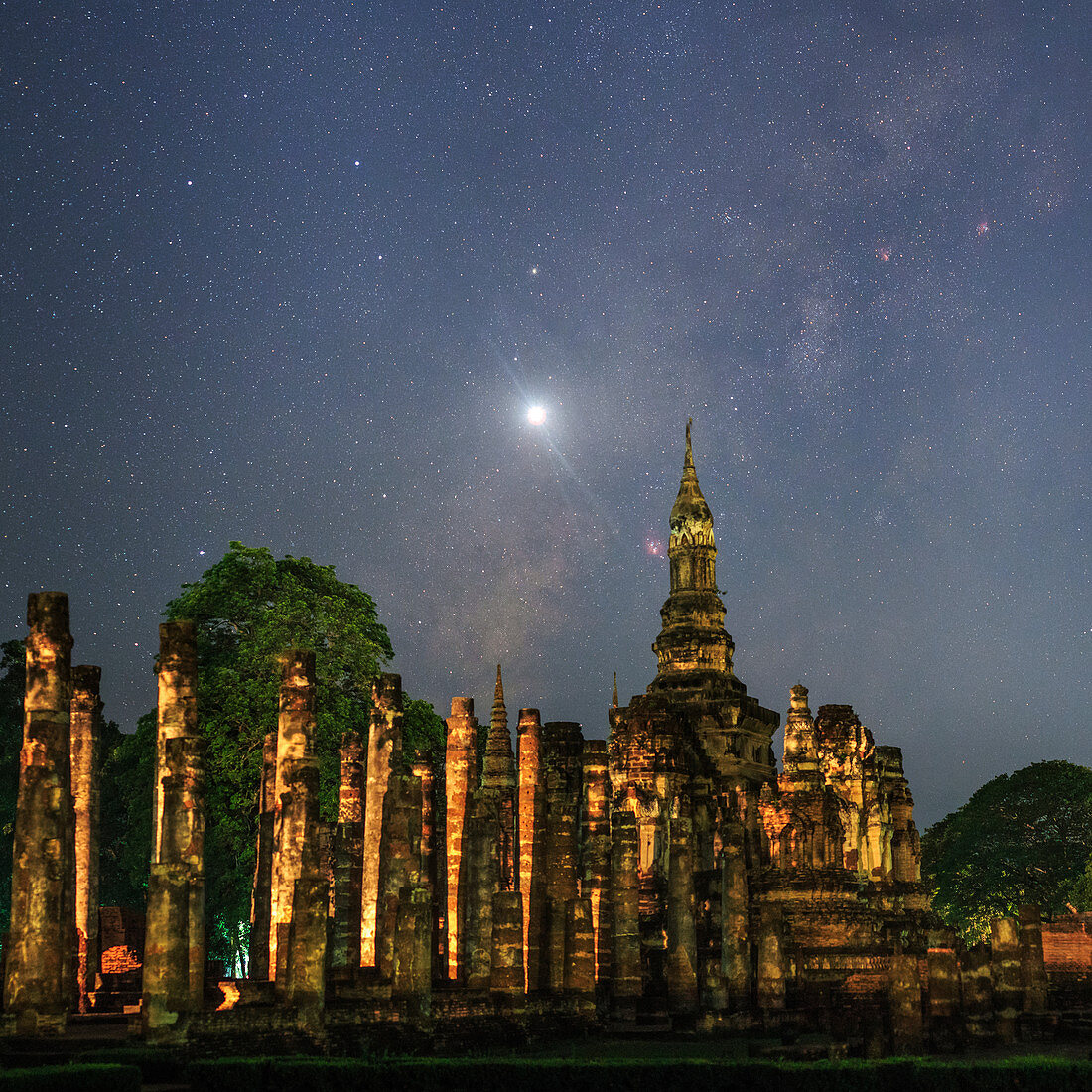 Night sky over Sukhothai ruins, Thailand