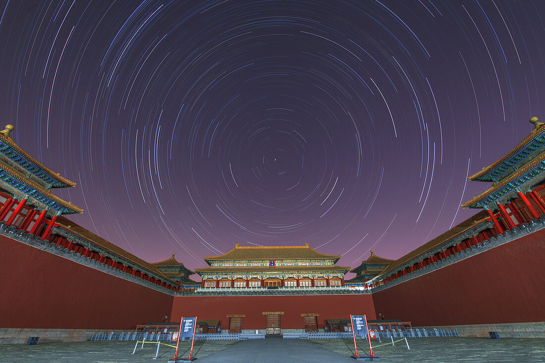 Star trails over Forbidden City, Beijing, China