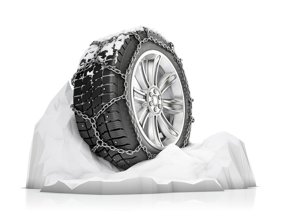 Snow chain on tyre, illustration