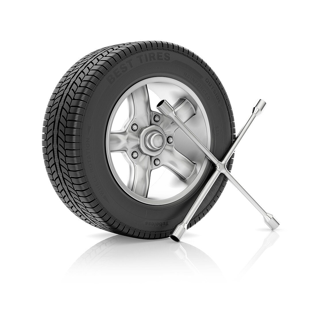 Car wheel with tyre wrench, illustration