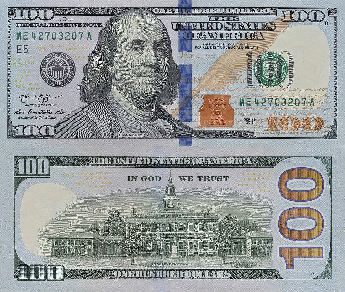 One hundred US dollar banknote front and back