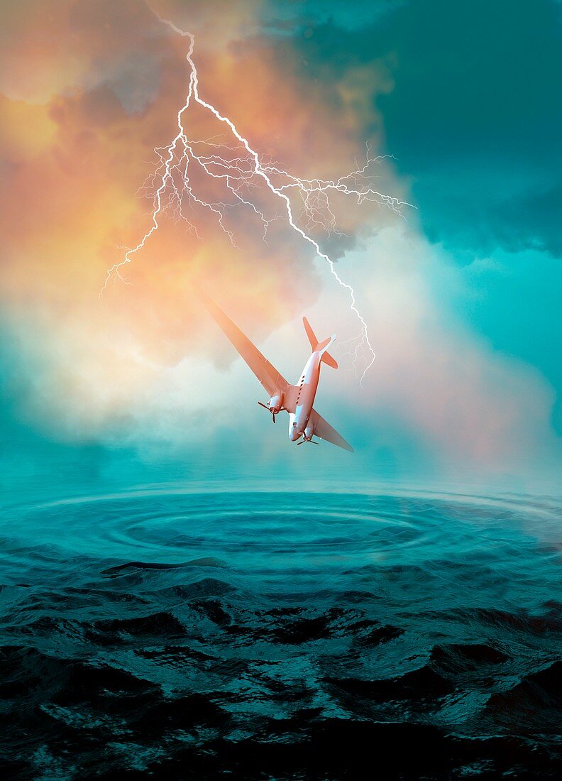 Vintage aeroplane in lighting storm over sea, illustration