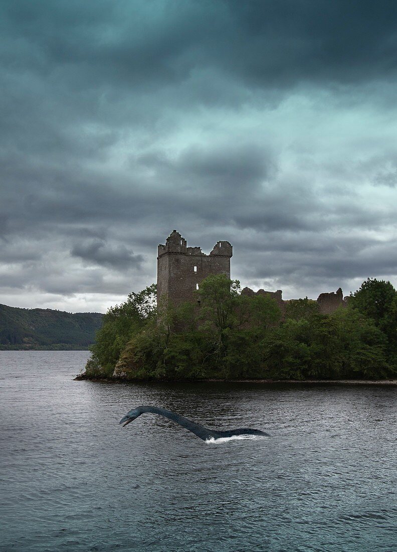 Loch Ness monster in water, illustration