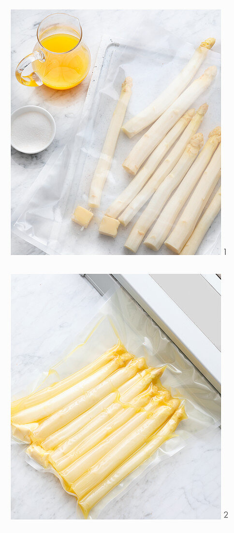 White asparagus being vacuum packed