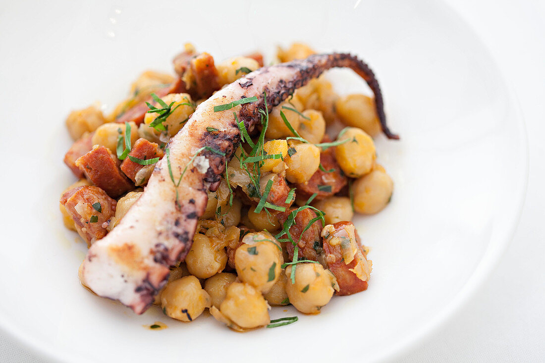 Octopus with chickpea and chorizo salad