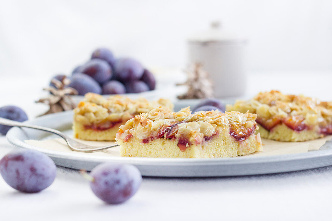 Damson and almond tray bake cake