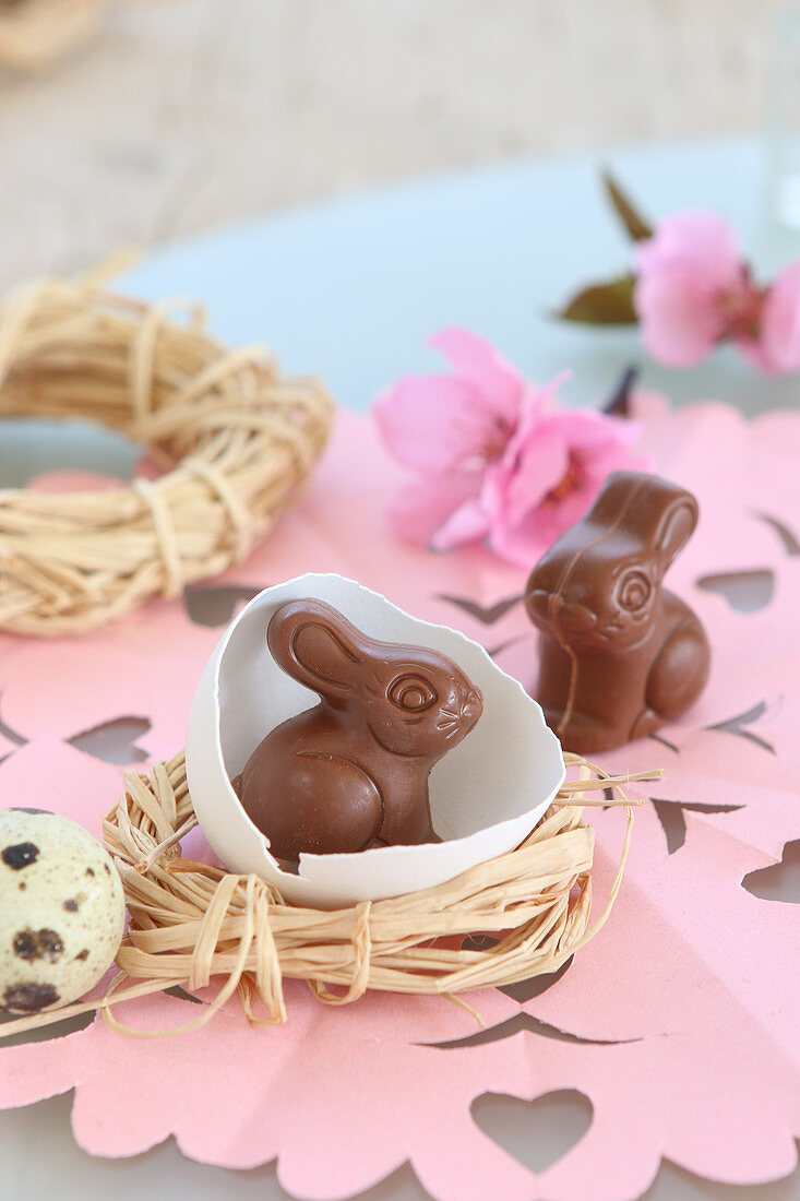 Chocolate Easter bunnies in egg shell and raffia nest on pink paper doily