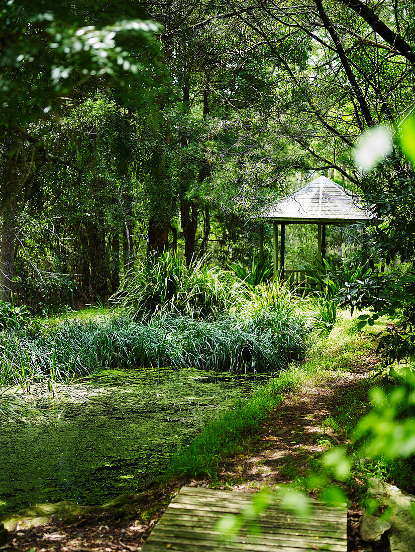 Lush green, natural garden with a pavilion