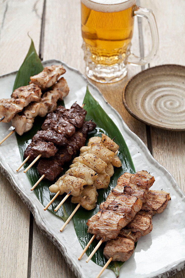 Yakatori skewers with a beer