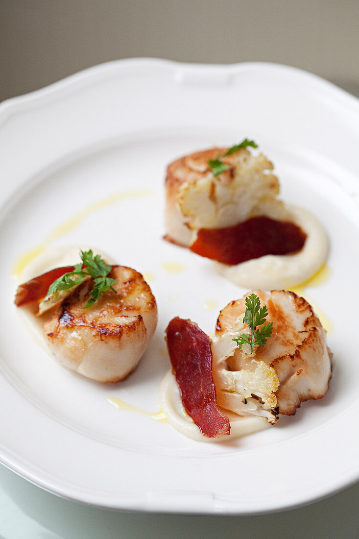 Pan fried scallops with bacon and cauliflower served on a plate