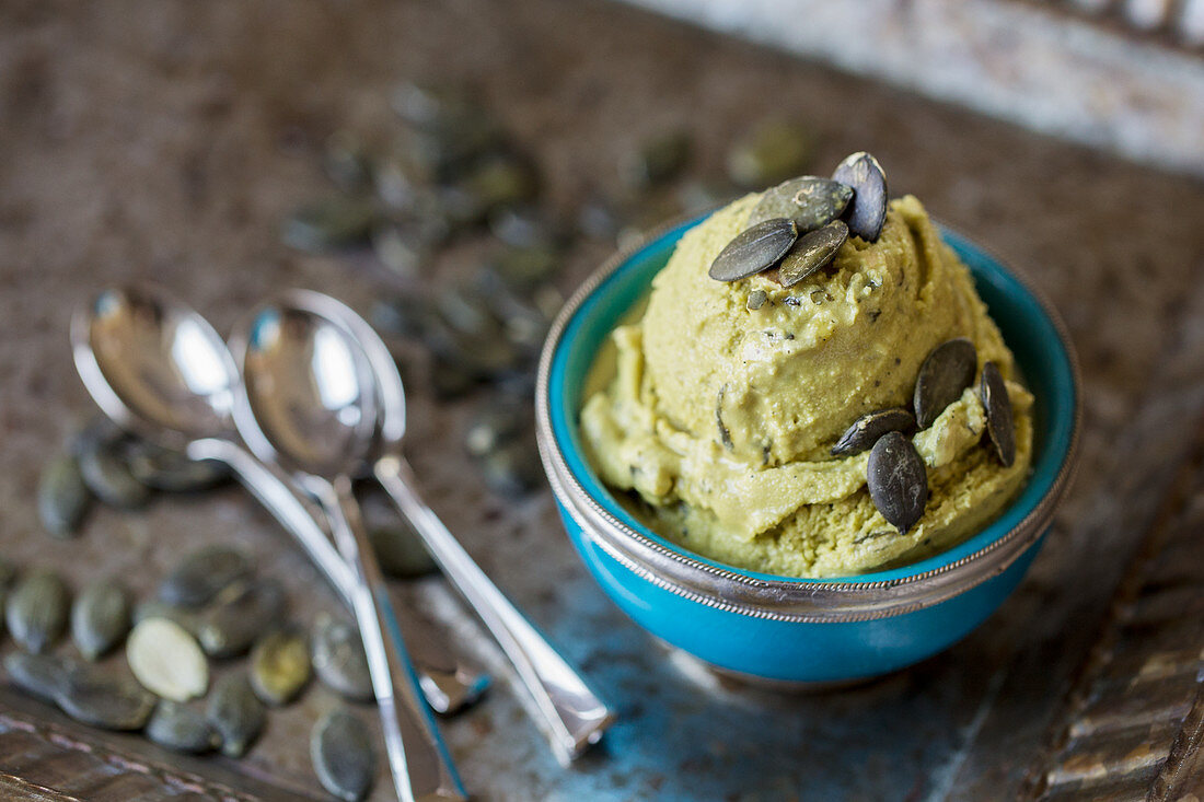 Pumpkin seed ice cream with pumpkin seed brittle