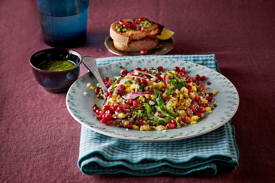 Lentil salad with pomegranate seeds