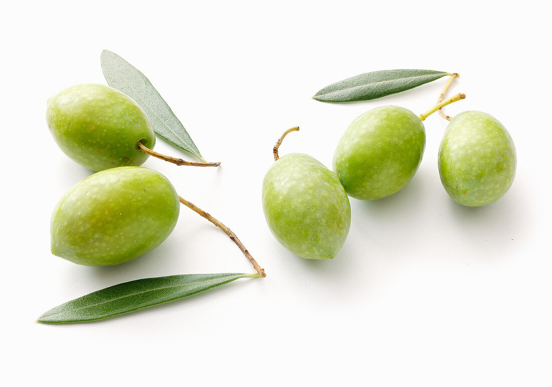 Green olives and olive leaves