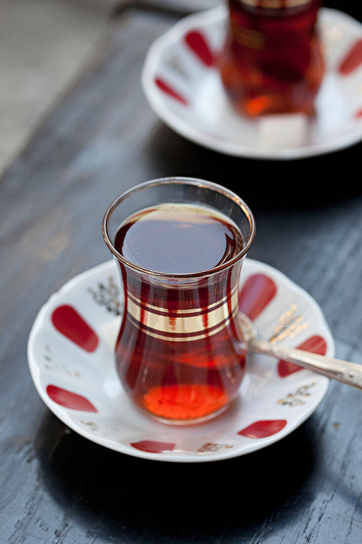 Turkish tea in traditional tulip shaped glasses