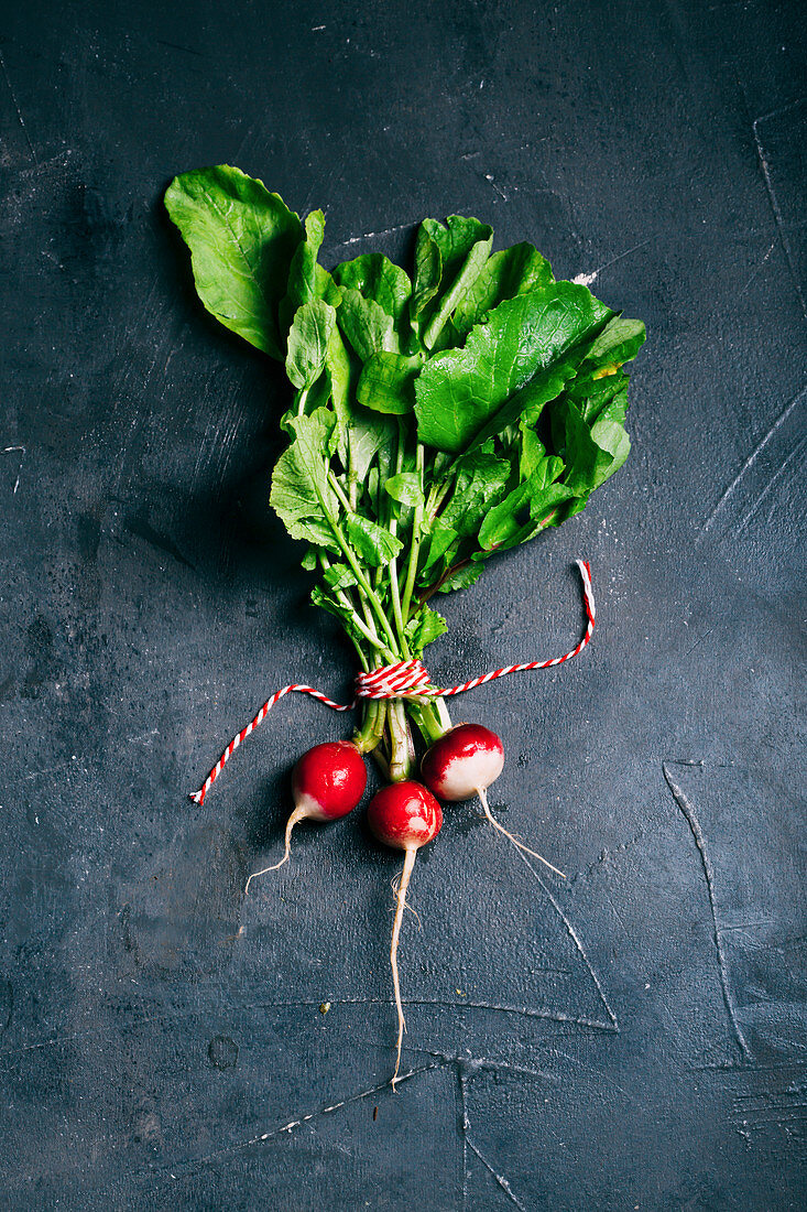 Radish with leaves on a dark background