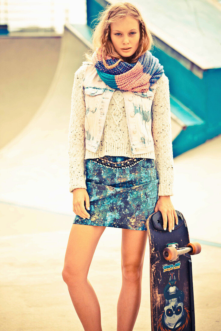 A young blonde woman in a skate park with a skateboard wearing a mini skirt, a jumper and a gilet