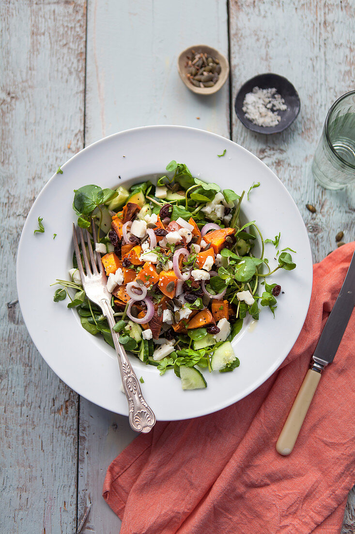 Goat's cheese, roast sweetpotato, saltinas, shallots and watercress salad