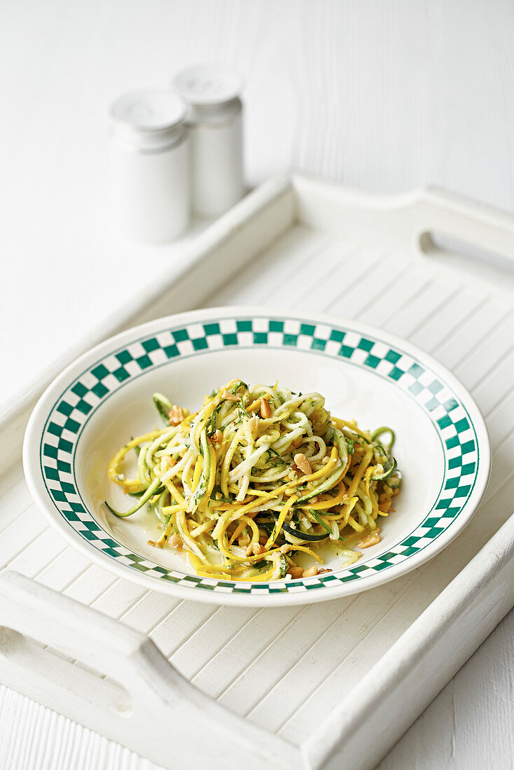 Spiralised courgette with spaghetti on a vintage tray
