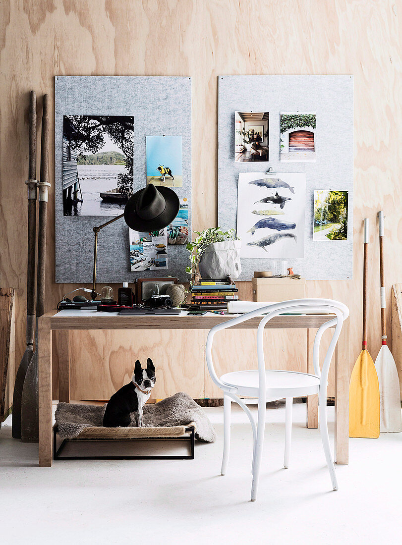 White chair and desk, mood board on wooden wall above