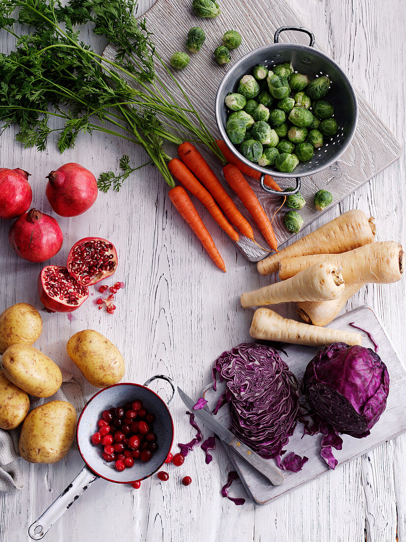 Potatoes, cranberries, red cabbage, parsnips, carotts and pomegranate