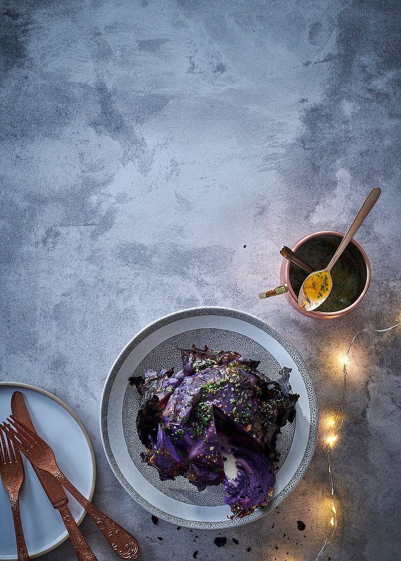 Charcoal-smoked red cabbage with maplemustard vinaigrette