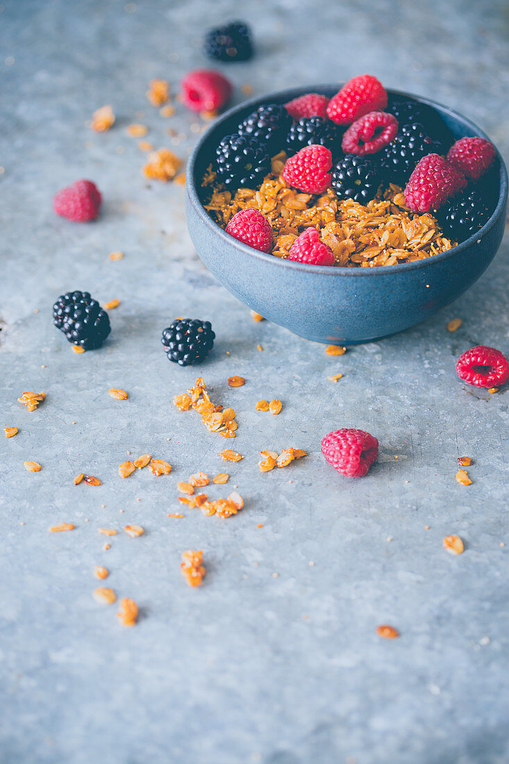 Bowl of homemade granola with fruits